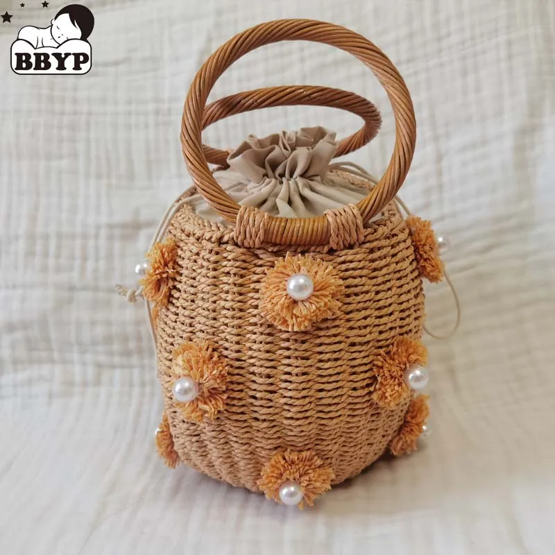 

New Handmade Rhinestone Crystal Embellished Straw Bag Small Straw Bucket Bags Lady Travel Purses and Handbags Mommy Bag