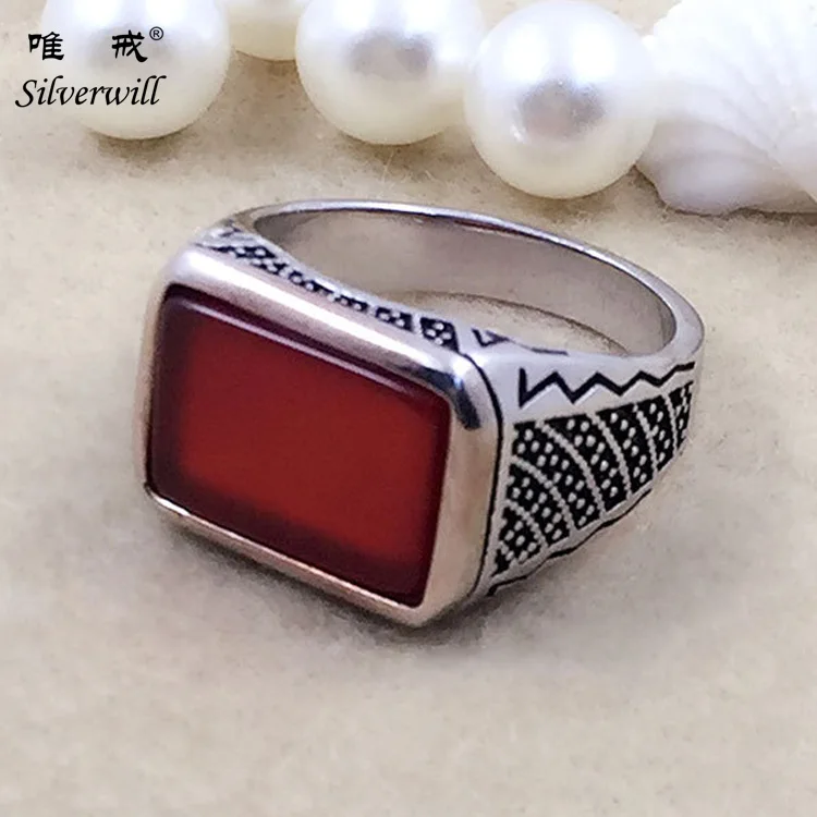 

925 Sterling Silver Red Agate Ring for Men Sterling Silver Men Ring Jewelry