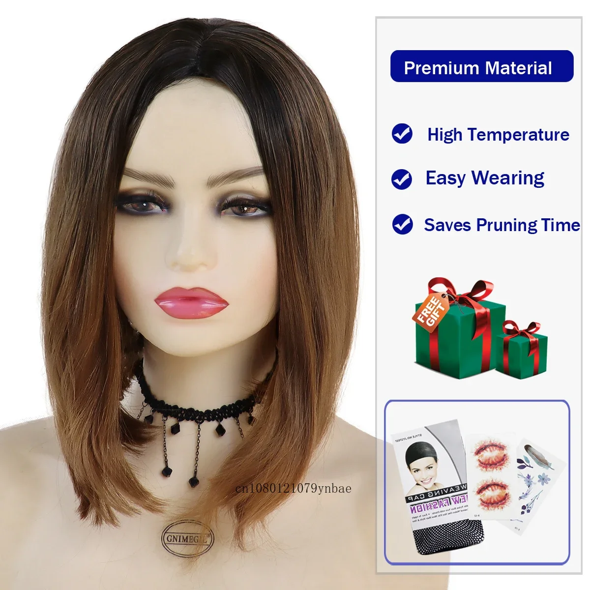 Synthetic Brown Cute Bob Wig for Women Girls Short Ombre Dark Root Wigs Natural Looking Daily Party Costume Use Heat Resistant