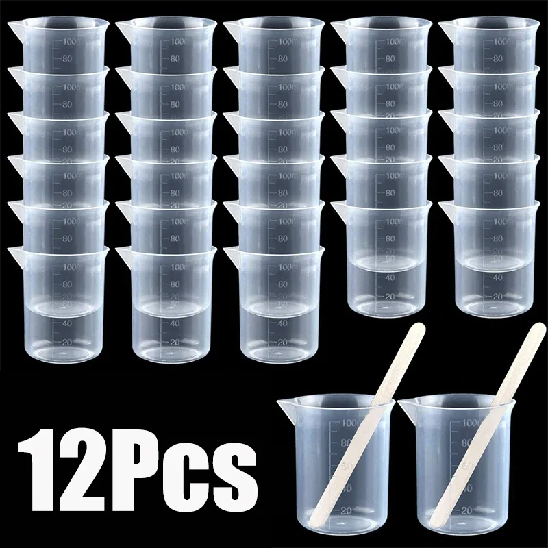 1-12Pcs 100ml Measuring Cup Transparent Plastic Scale Beaker Cups Lab Chemical Laboratory Container Jugs Kitchen Baking Tool