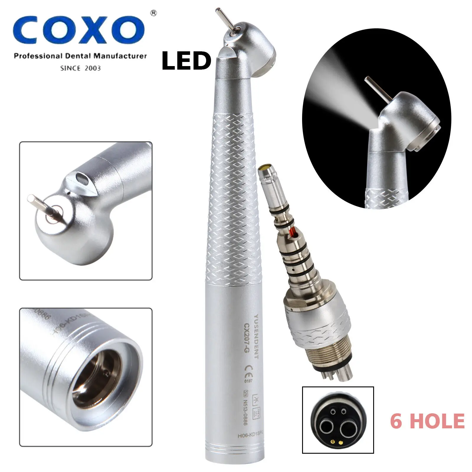 Coxo Dental Fiber Optic 45 Degree High Speed Handpiece /LED Quick Coupler 6Hole For KAVO