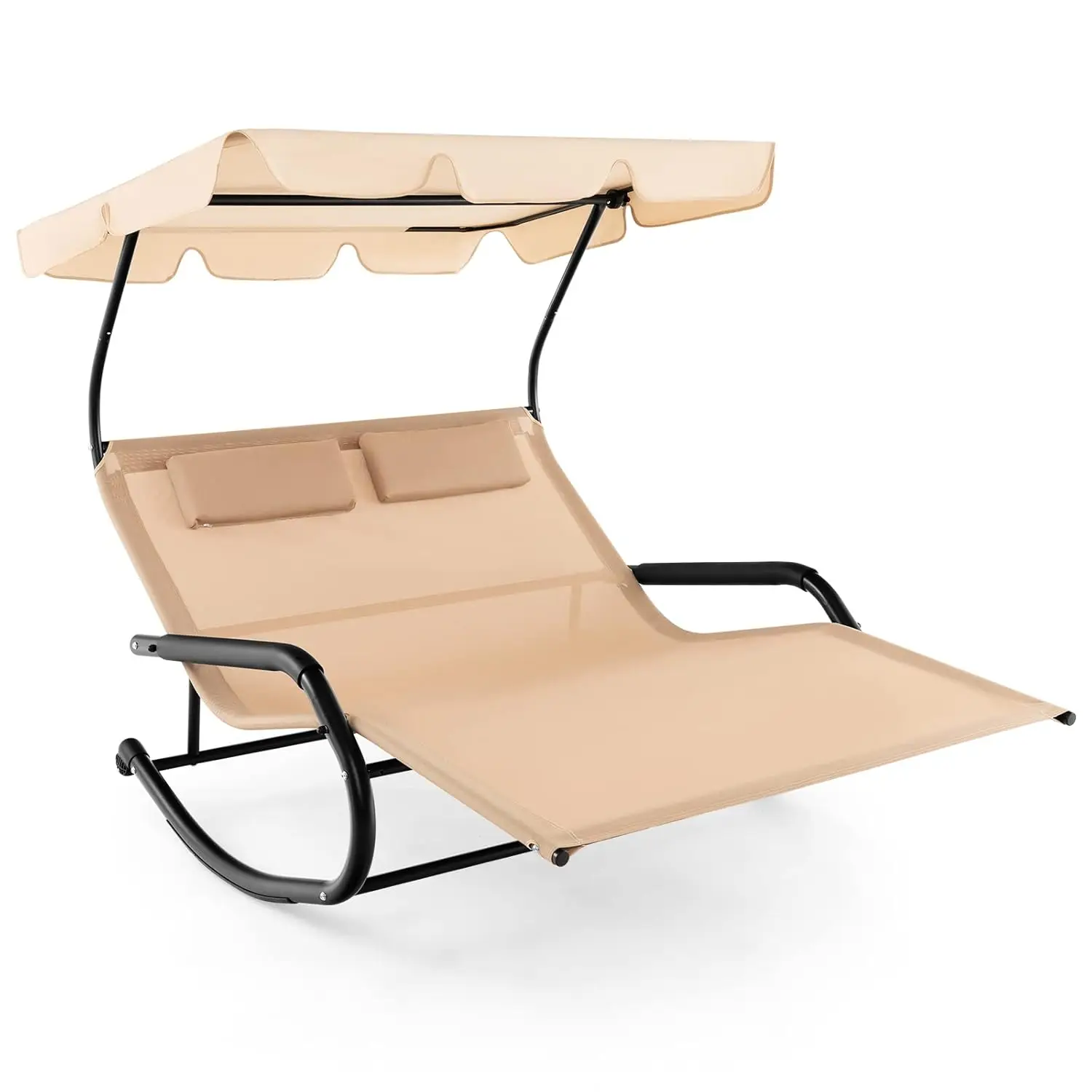 2 Person Lounge Chair with Adjustable Canopy, Outdoor Chaise Lounge with 2 Detachable Pillows and Wheels, Customized