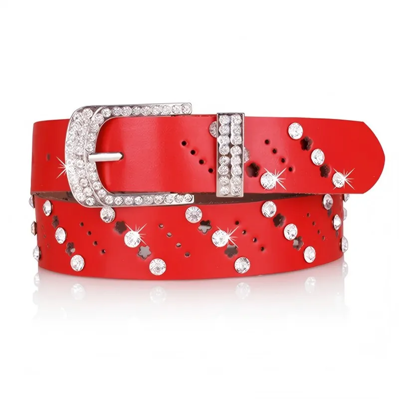 YK2 Leather Button Closure Women's Waist Belt with Fashion Leopard Print and Rhinestone Trim. Width: 3.3cm. Length: 110cm.