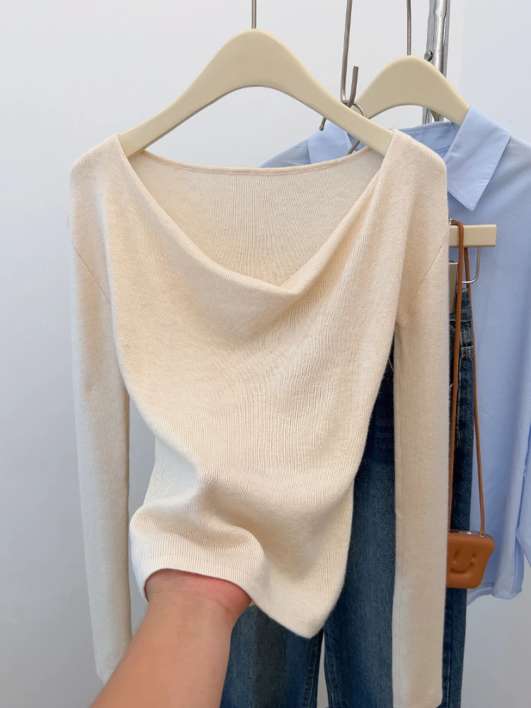 Autumn Winter Long Sleeve Inner Wear Tops Pink Pure Desire Off Shoulder Knit Pullover for Women Unique Slim Cowl Neck Sweater
