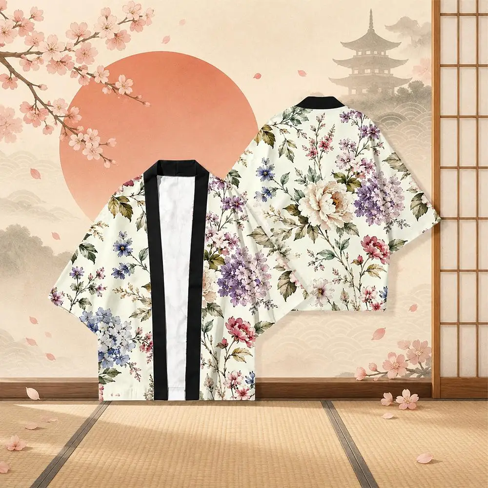Retro Multi‑Flower Pattern Kimono Cardigan Unisex Open‑Front Haori 3/4 Sleeve Loose Bohemian Beach Cover‑Up Coat