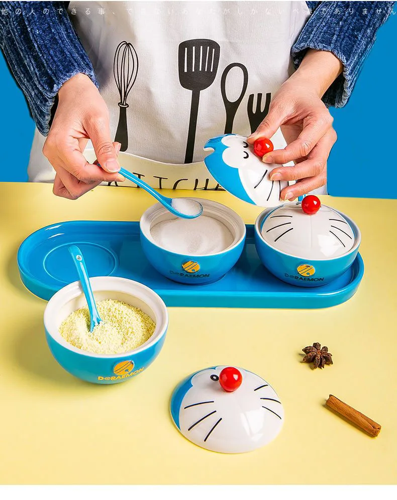 Niedliches Doraemon Keramik-Gewürzdosen-Set mit Deckel, Löffel und Ablage – Cartoon-Gewürzbehälter, Aufbewahrungstopf, Küchen-Gewürzbox, Fan-Geschenke – Detail 2