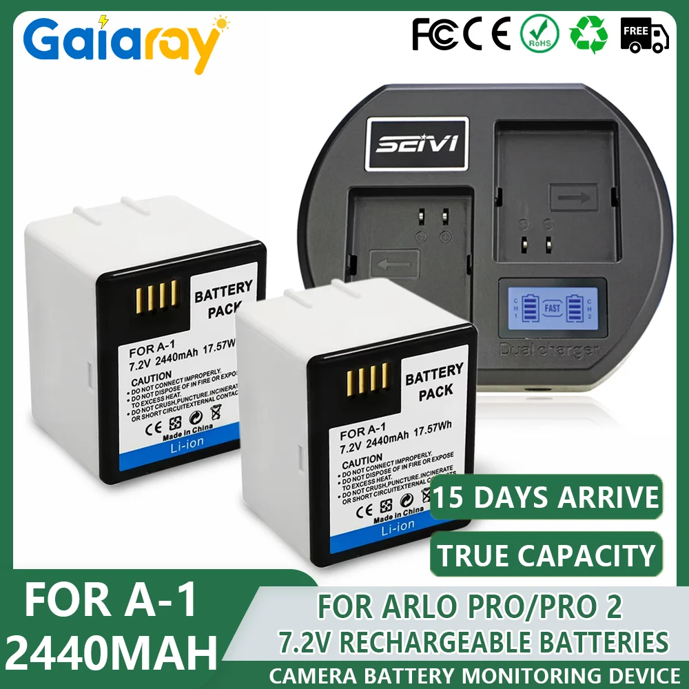 7.2V 2440mAh Rechargeable Lithium Battery Pack with 5V LED Dual Fast Charger For Arlo PRO / PRO 2 NETGEAR A-1 Camera Batteries