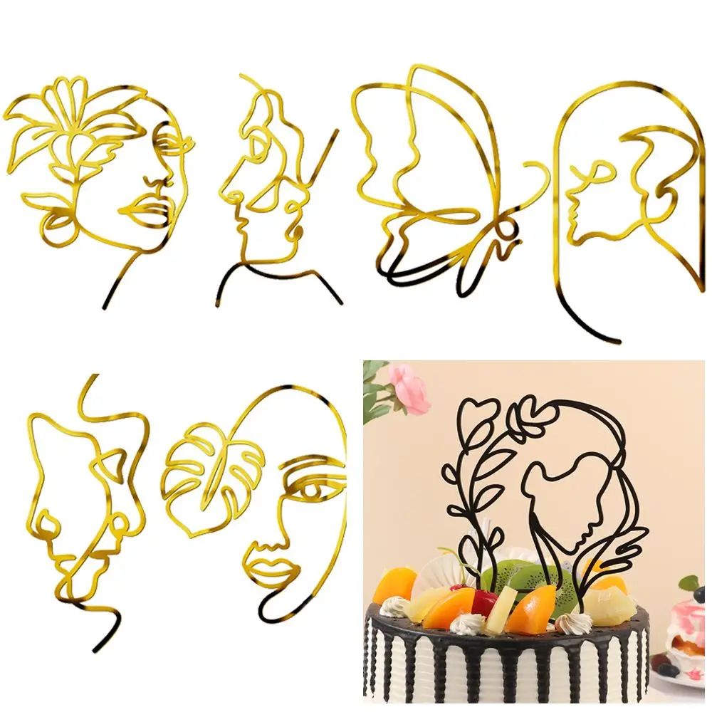 Acrylic Gold Black Minimalist Art Lady Face Cake Topper Girl Happy Birthday Cake Decor Abstract Line Cake Topper Party Supply