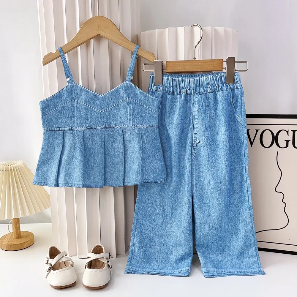 3-7 سنة الصيف الأزرق تقليد الدنيم بروتيل أعلى + السراويل 2 قطعة مجموعة عادي ملابس الأطفال ملابس الفتيات عادية #2