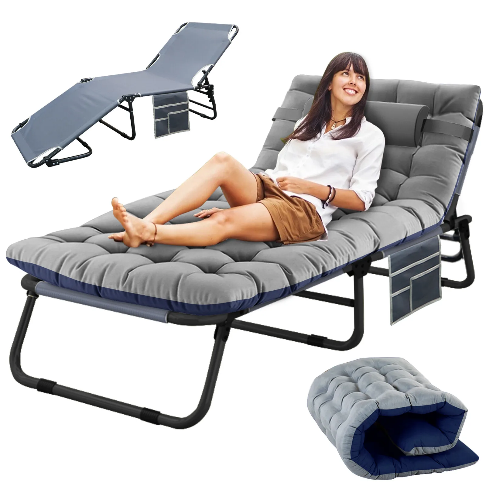 

Folding Reclining Cot Outdoor Beach Patio Chaise Lounge Chair Pool With Blue Pad
