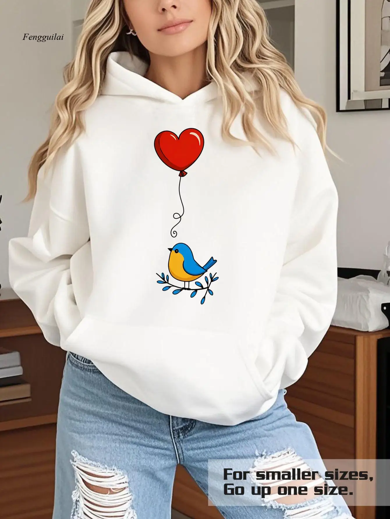 هوديي أسود مع بالون قلب أحمر وطباعة الطيور الزرقاء - سويت شيرت مريح للخريف/الشتاء، جيب الكنغر #3