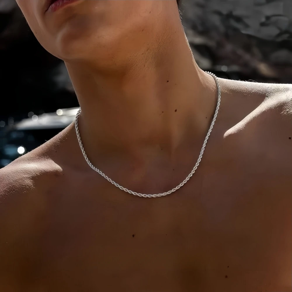 2mm Men Silver Color Twisted Twist Chain Necklace Simple Titanium Steel Choker Fashionable Non-fading Stainless Steel Jewelry