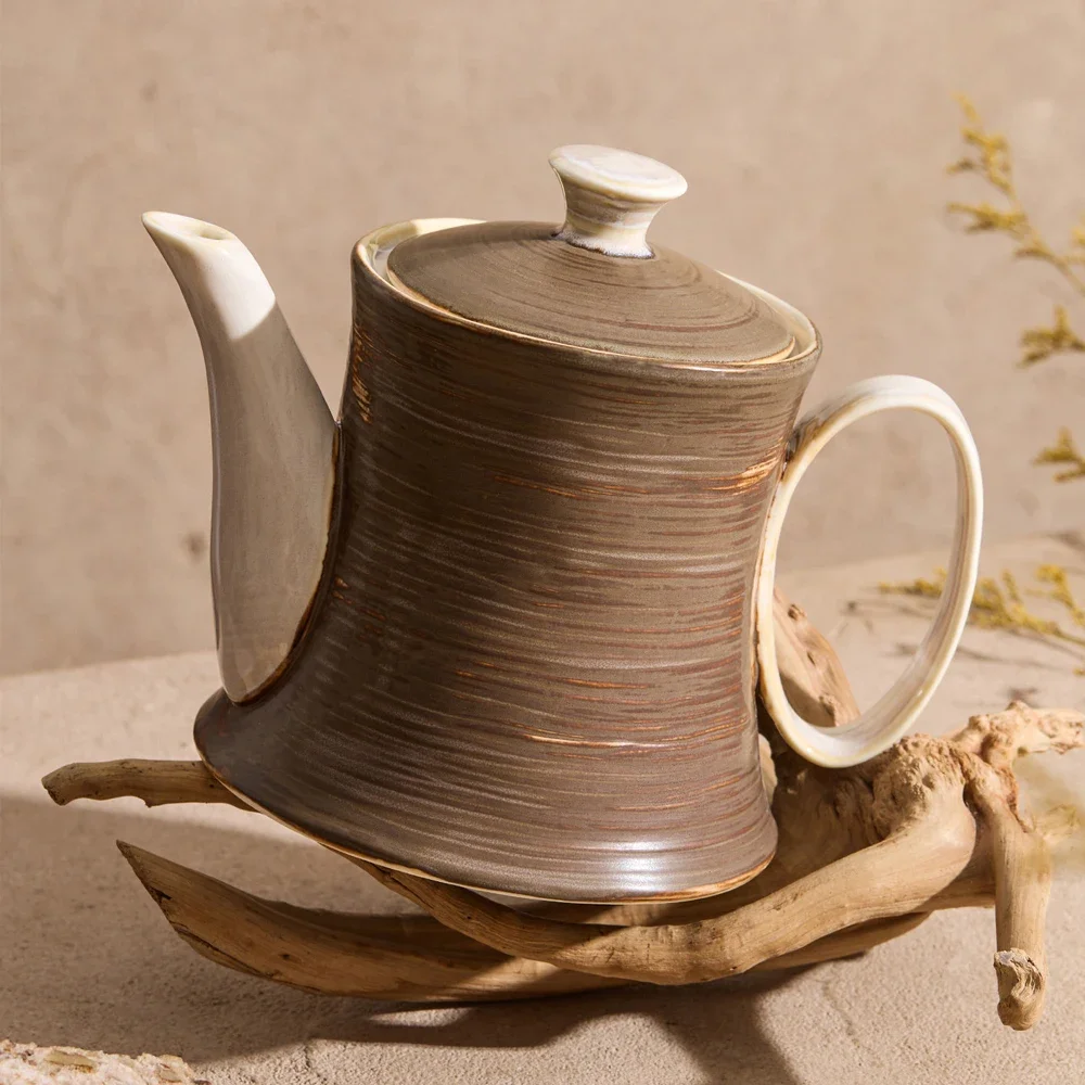 Retro Striped Ceramic Teapot with Lid Handmade Matte Brown Porcelain Tea Pot Household Water Kettle Coffee Pot Home Table Decor
