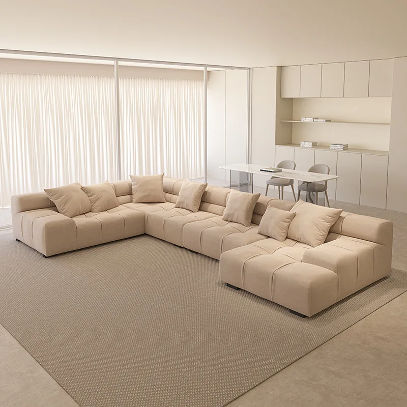 Cream wind single Internet celebrity leather sofa, living room puff solid wood