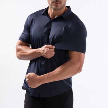 Men's Short Sleeve Dress Shirt 6 High Quality Summer Business Shirts For Men Short Sleeve Button Wrinkle Free Elasticity Social Black Office Dress Shirts US Size 6
