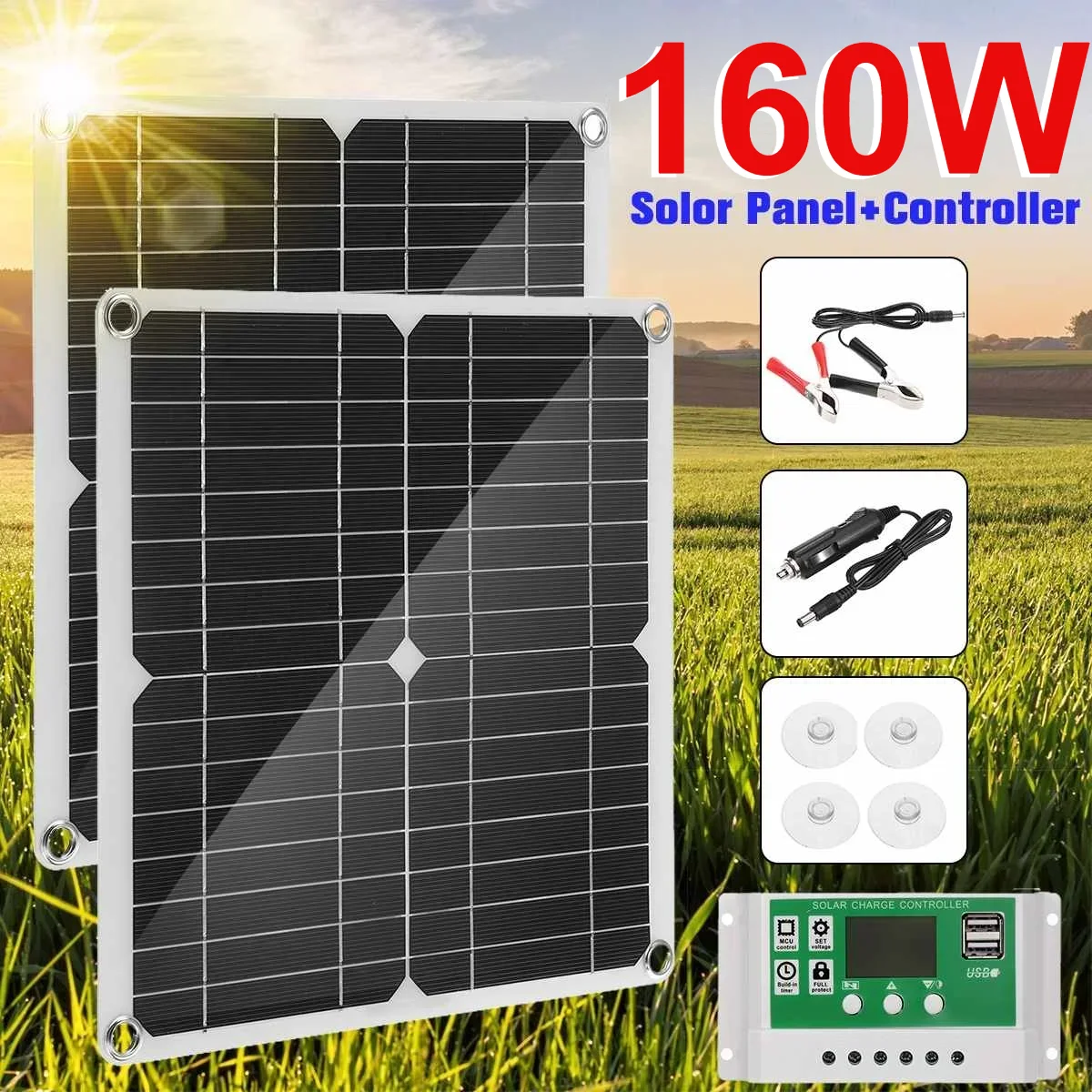 Solar Panel 12V Flexible USB Power Portable Outdoor Solar Cell Camping Hiking Travel Phone Charger Real 80/160W Solar Panel Kit