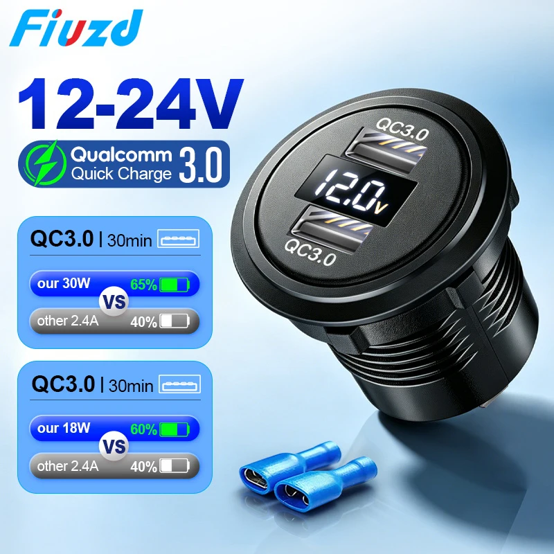 12V/24V USB Outlet Fast Car Charger Socket Dual 20W PD Type C & 18W QC 3.0 Motorcycle Socket Power Outlet Charge Adapter
