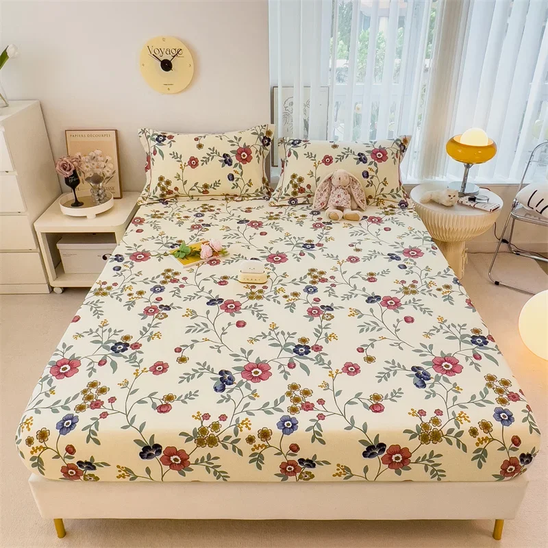 Modern Plant Flower Printed Fitted Sheet Set Simple High Quality Cotton Bedding Set Anti-slip Mattress Cover with 2 Pillowcases