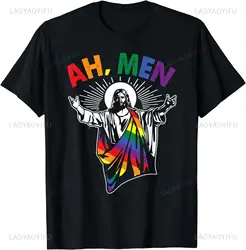 Ah, Men Fun LGBT Gay Pride Jesus Rainbow Flag Christian Short-sleeved T-shirt Oversized Short-sleeved Shirt