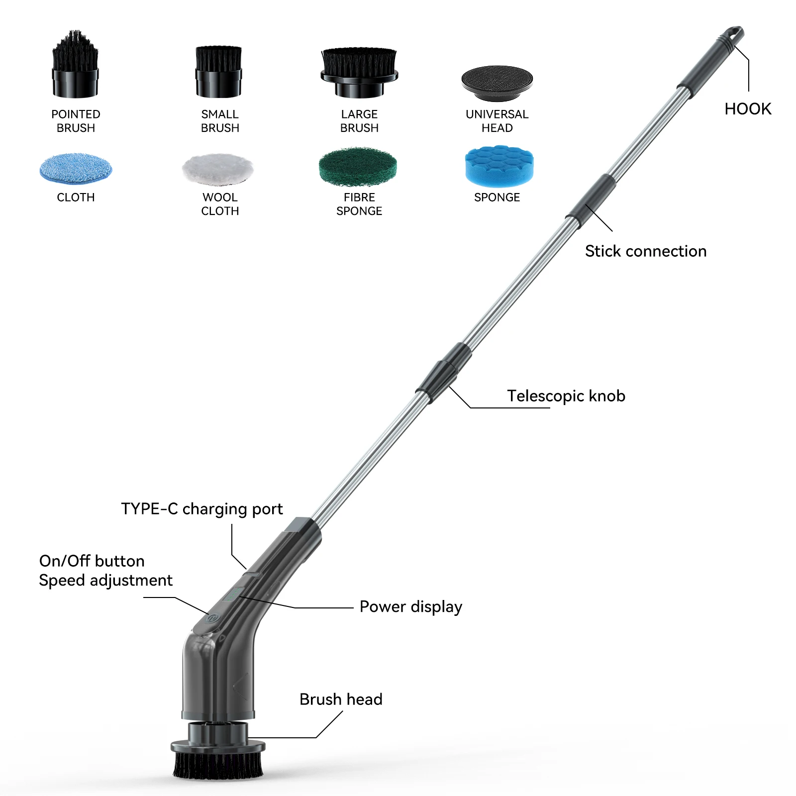 Multifunctional Rechargeable Rotary Cleaning Brush Cordless Electric Rotary Cleaning Brush with 7 Replacement Brushes