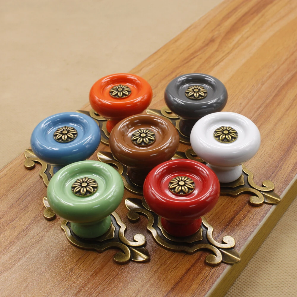 European Classical Antique Copper Ceramic Cabinet Handle Drawer Wardrobe Wine Cabinet Zinc Alloy Single Hole Handle