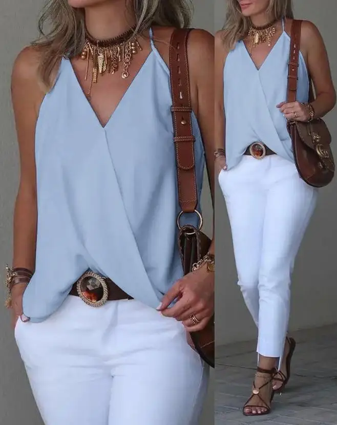 Top Women 2023 Summer Fashion Halter Sleeveless Casual Plain V-Neck Daily Wrap Tank Top Y2K Clothes