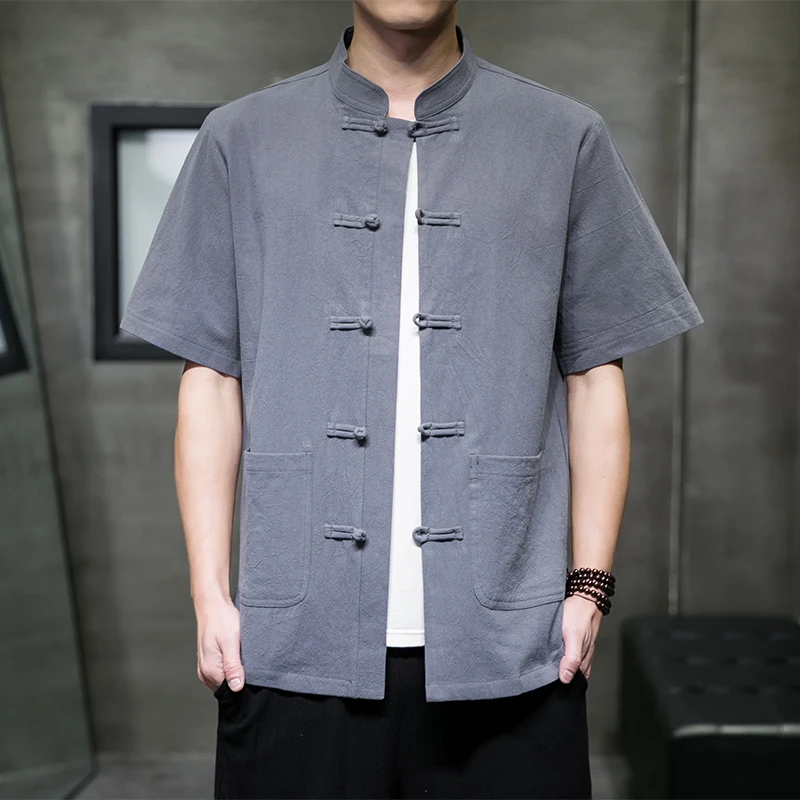 

2024 Summer Men Soild Color Shirts Men Chinese Style Cotton Linen Shirt Male Han Fu Tops Shirt Brand Traditional Clothing M-5Xl