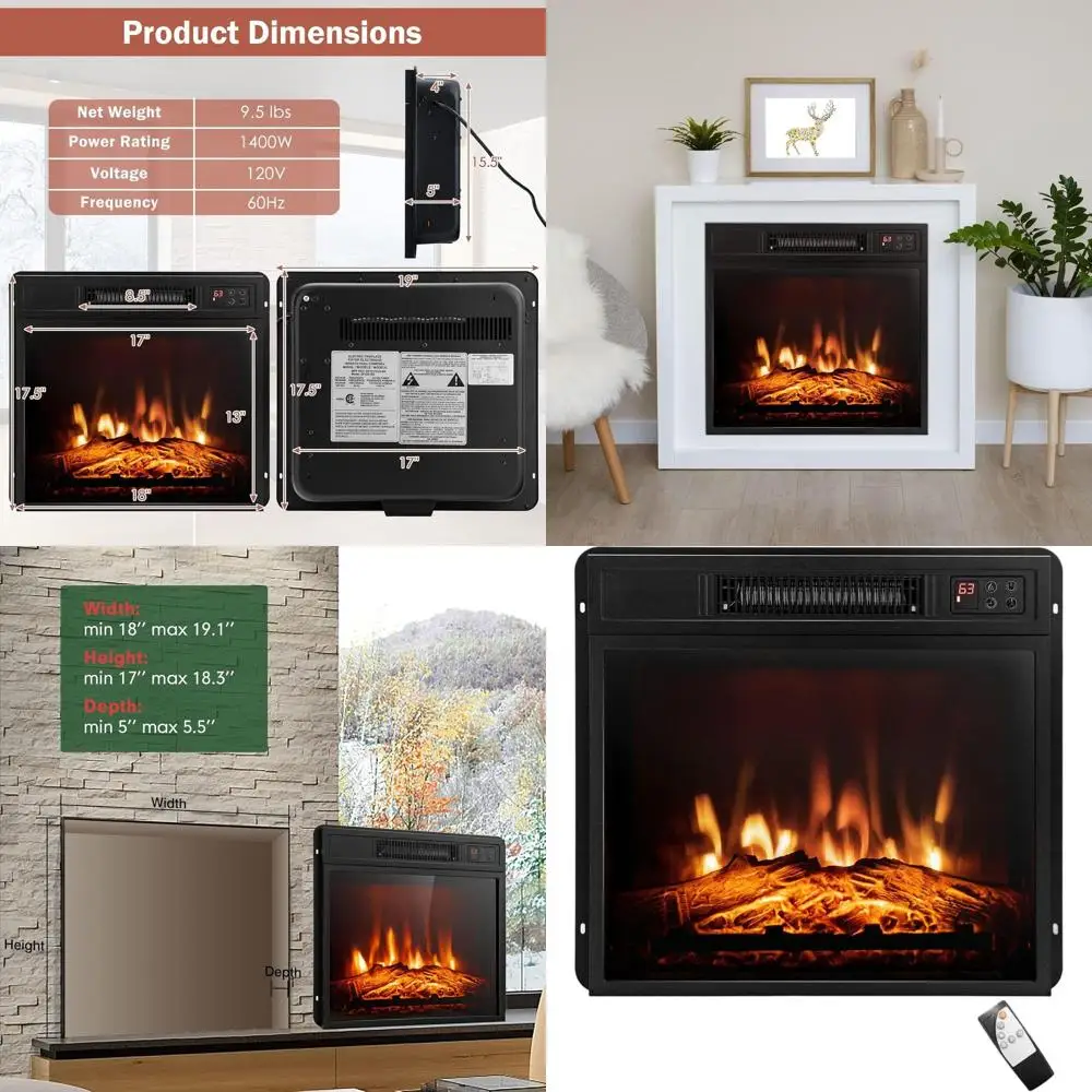 

Электрический каминный вкладыш 18 дюймов, 1400 Вт, настенный и портативный, 3D-эффект пламени, регулируемая яркость, термостат, таймер 0-6 часов, дистанционное управление