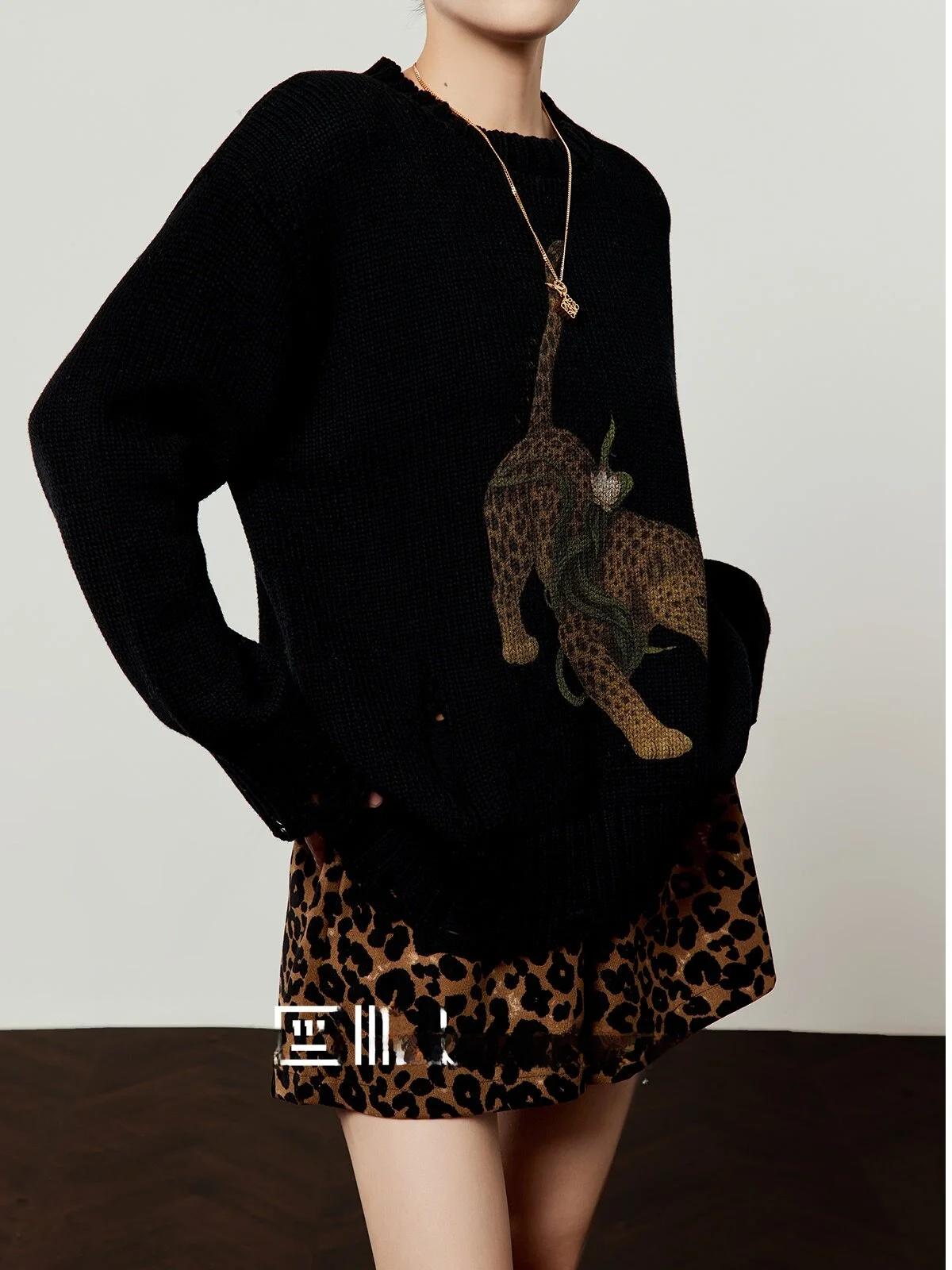 

Bla Knitted Lotus Leopard Sweater Women's Winter New Sle Hole Vintage Faion Loose Fit Long Sve round Ne Top