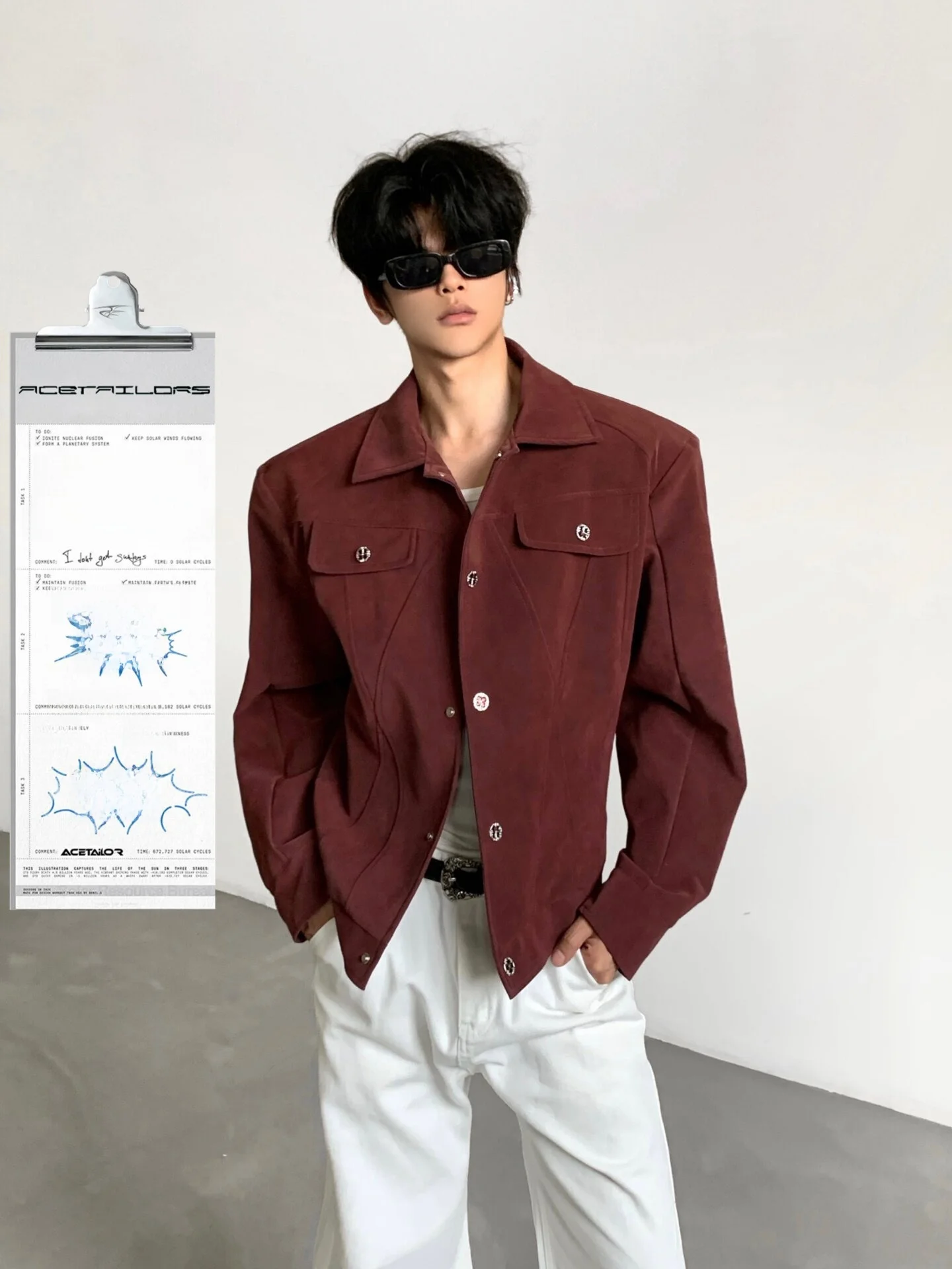 Ace Tailors Refined Deconstructed PU Jacket Men's Short Casual Outerwear Spring Autumn Youth Fashion Button Decorated
