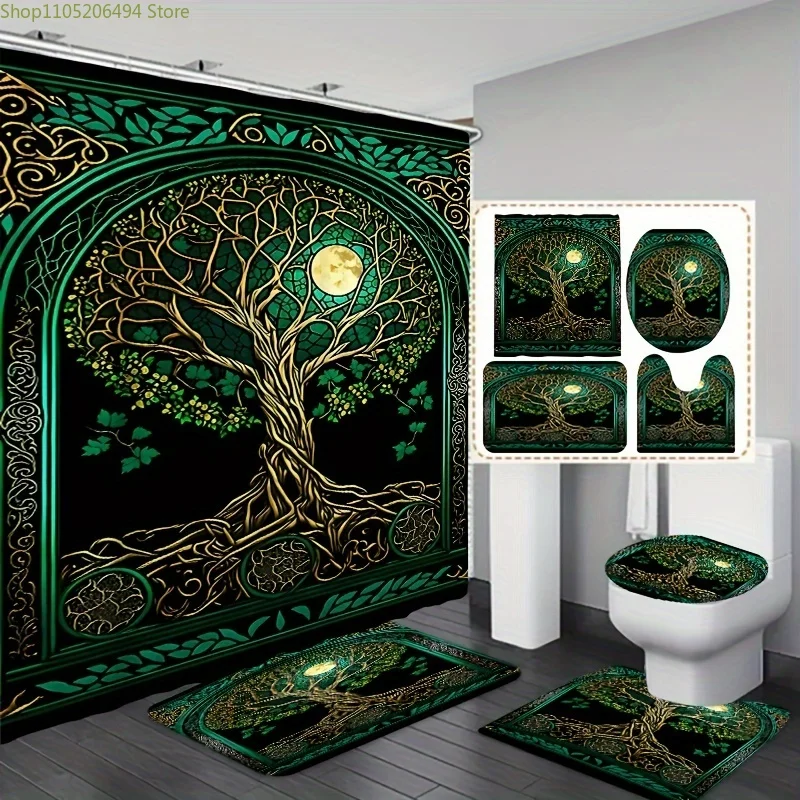 

1pc/3pcs/4pcs Green Vine Moonlight Pattern Bathroom Mat Set with Shower Curtain