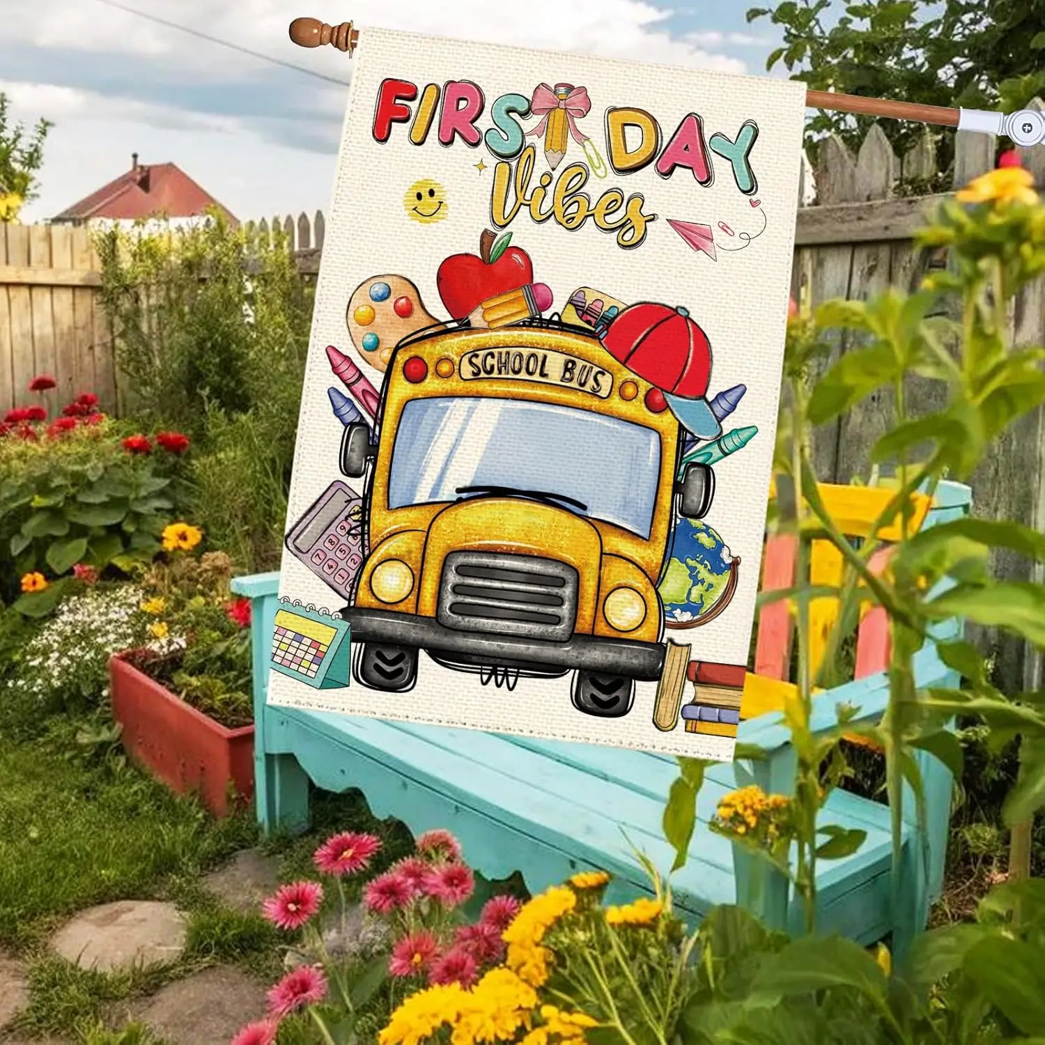 Back To School Yellow School Bus Garden Flag 28 x 40 Inch Double Sided, Firs Day Vibes Apple Large House Flag Vertical Fall  LLE