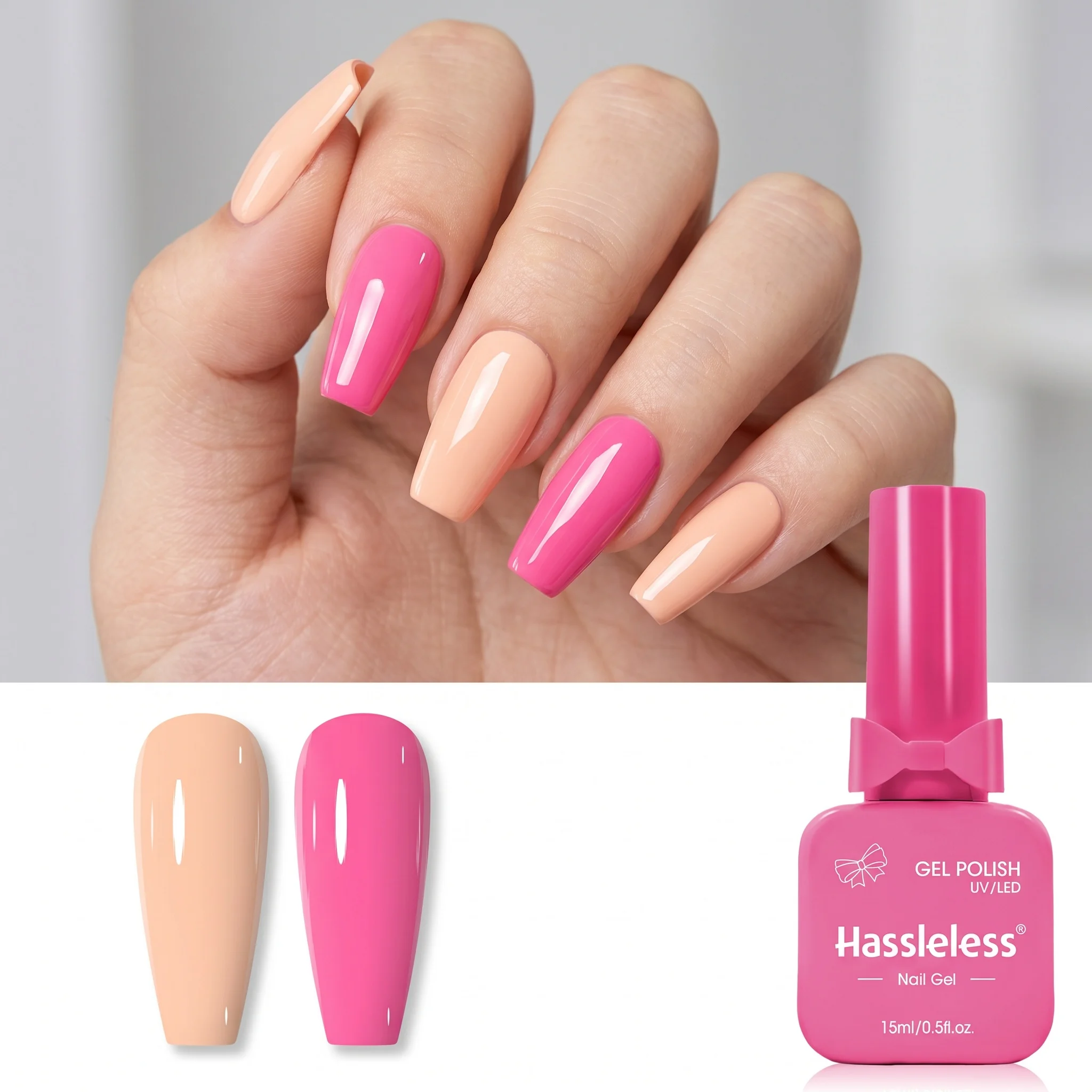 Hassleless 2-Piece Nude Glitter Color-Blocking Nail Polish Set, Mirror-Like High Gloss, Sweet and Vibrant Color-Changing Nail Art, Girly Vibe Nail Art, DIY Nail Art for Home Use