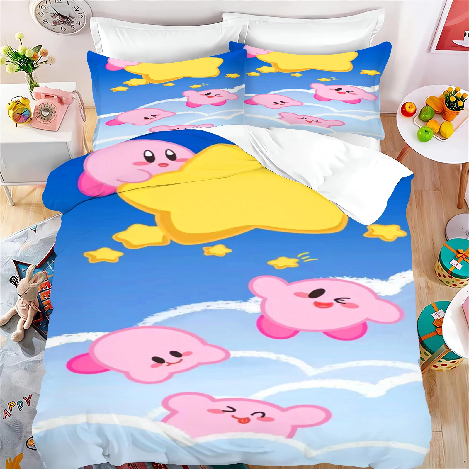 Cartoon Cute Home Kirby Quilt Dekbed Beddengoed Set 3d Kinderset Cover Kingsize Hoezen Kinderen Bedrukt 100% Polyester