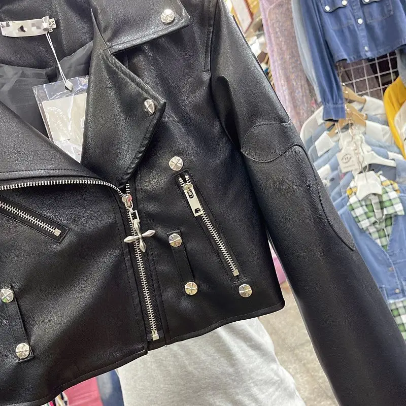 2024 Spring and Autumn New Leather Coat Women Punk Fashion Short Motorcycle Jacket Top