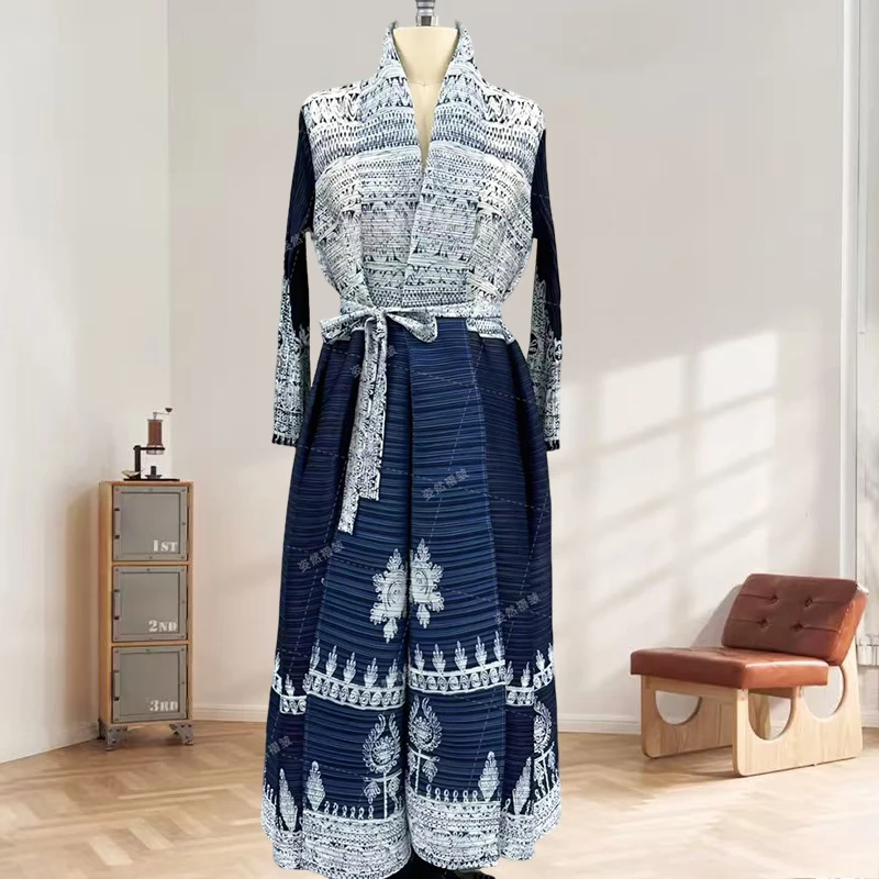 

Abaya Miyake Pleated Trench Coat 2025 Summer New Print Plisse Robe Plus Size Loose Pleat Abaya Women's Pleats Leisure Fold