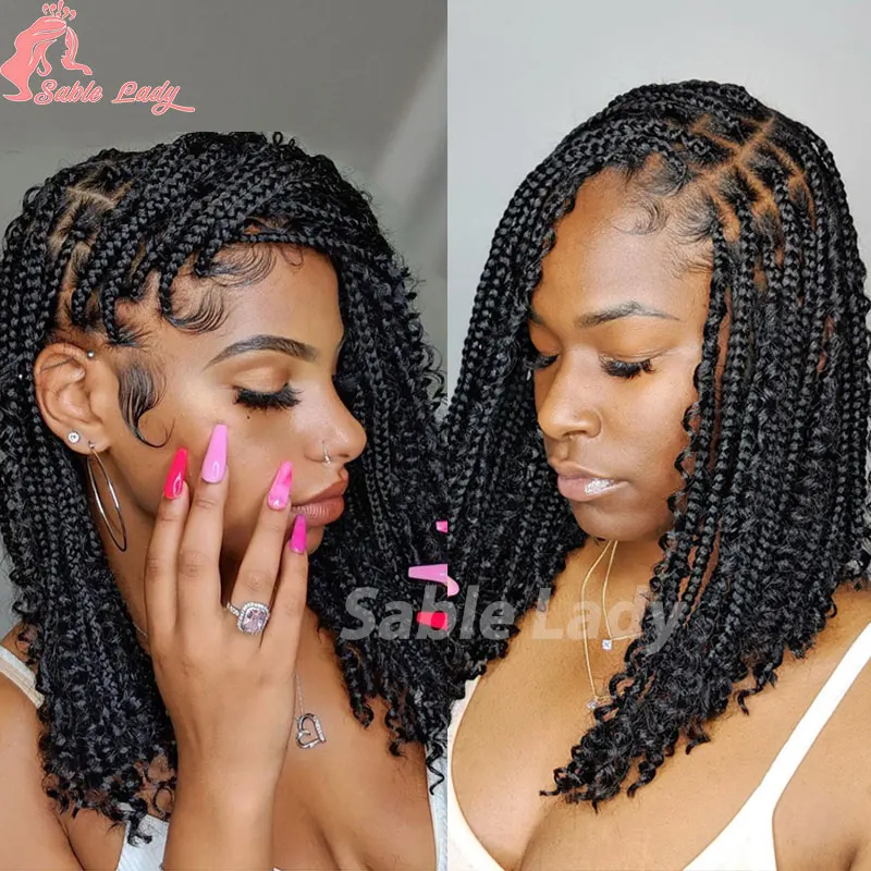 Synthetische kurze Bob Box geflochtene Perücken für schwarze Frauen 12 Zoll Cornrow Zöpfe Perücke afrikanische böhmische lockige kurze Boho Flecht Perücken