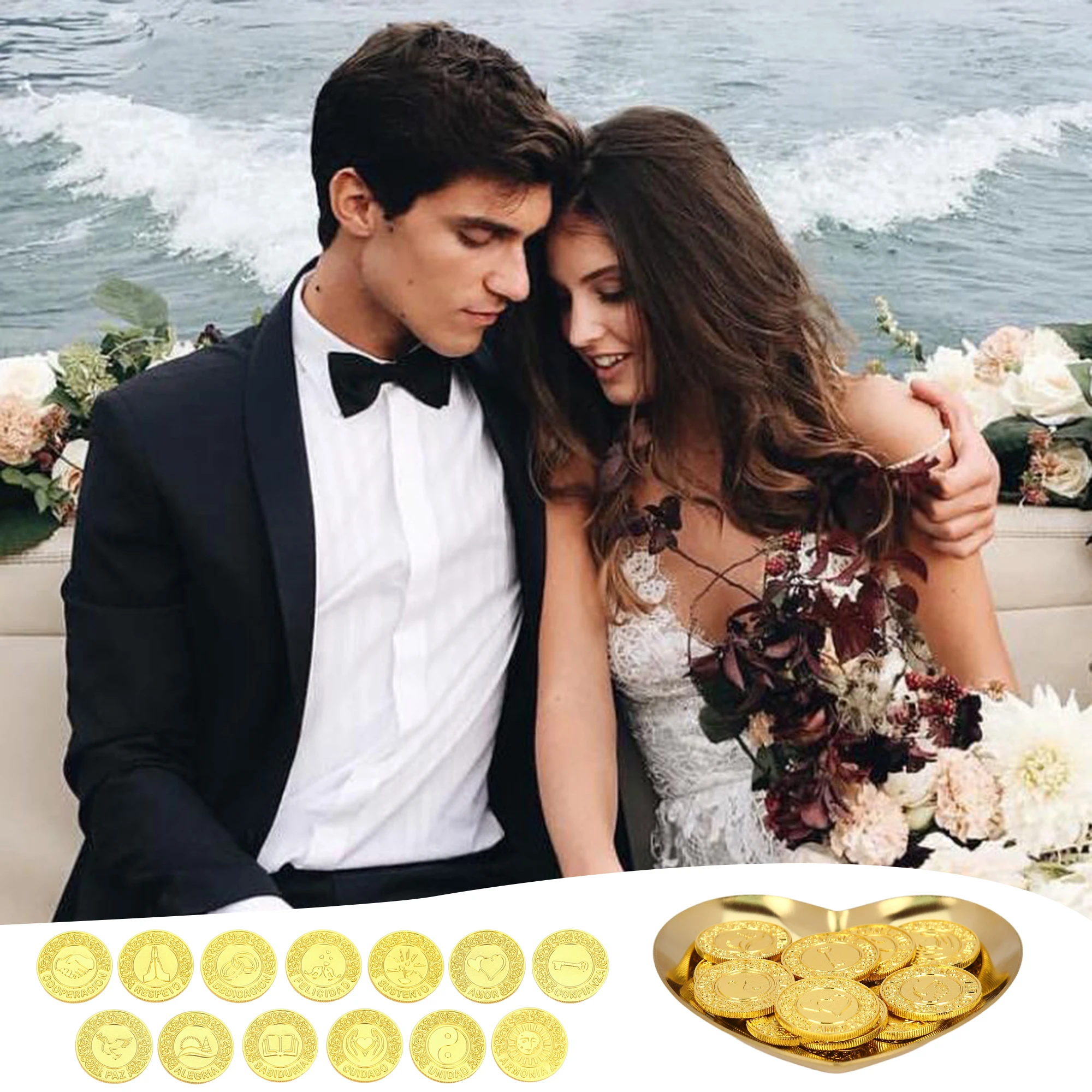 Spanish Wedding Arras Coins Set with Heart Tray for Hispanic Catholic Wedding Ceremony