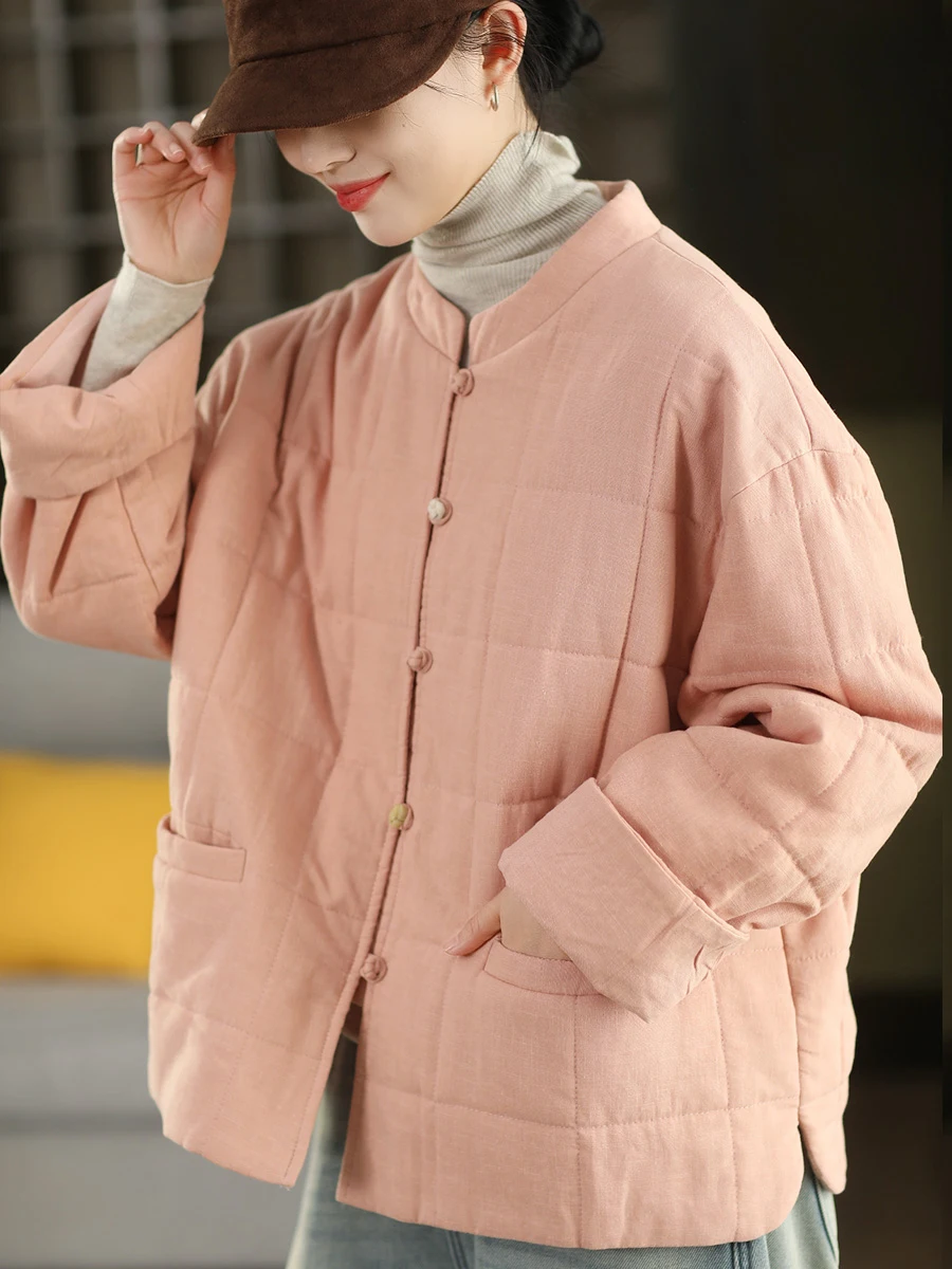 

Утепленное хлопково-льняное пальто в стиле ретро на пуговицах, с воротником-стойкой, длинными рукавами, свободного кроя, для повседневной носки, женское