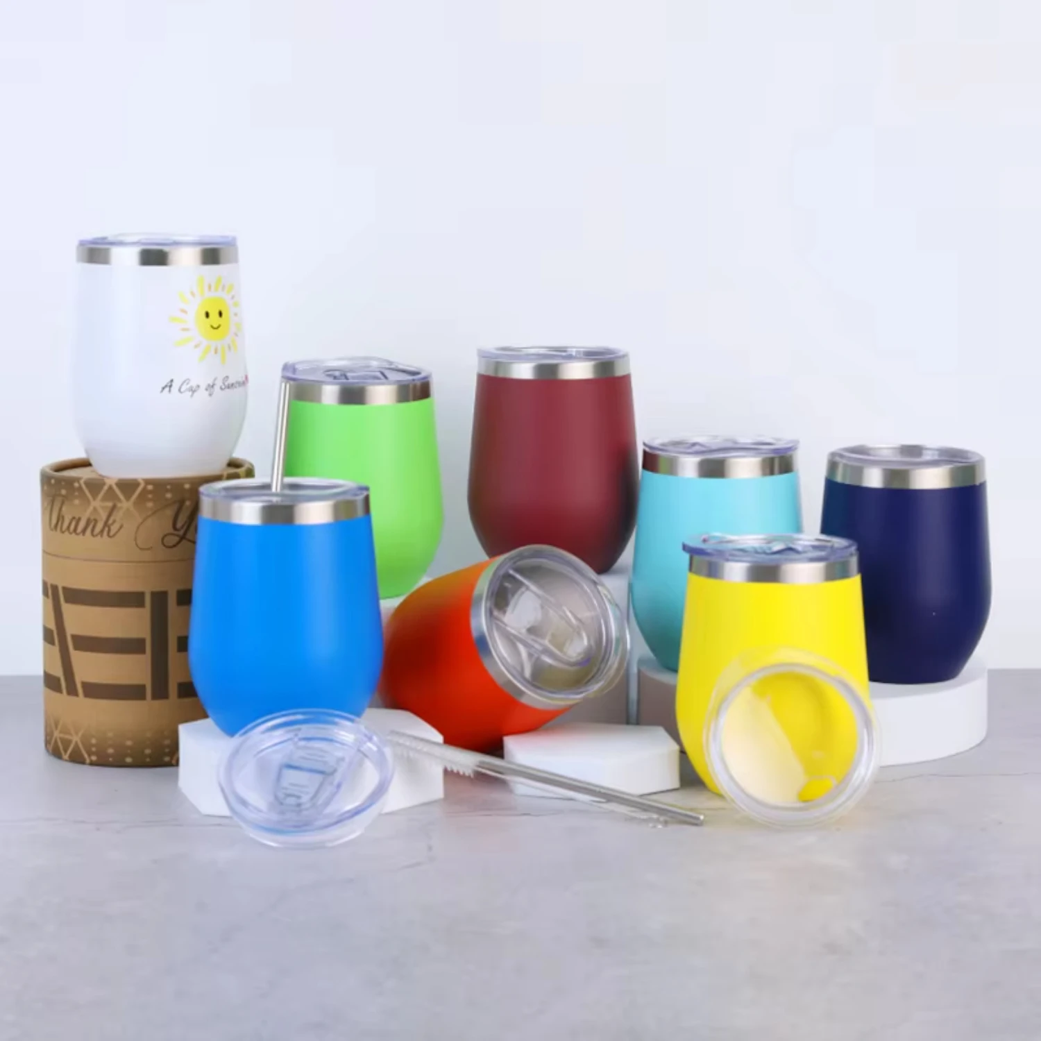 

Logo 12oz Stainless Steel Stemless Wine Tumbler Double Wall Vacuum Egg Shape Coffee Cups Mug Wine Tumbler