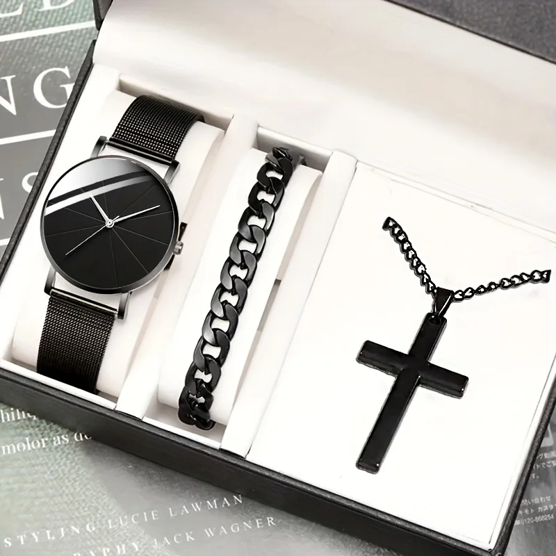 3pcs/set, Men's Business Ultra-thin Mesh Band Quartz Watch & Bracelet Cross Necklace Set