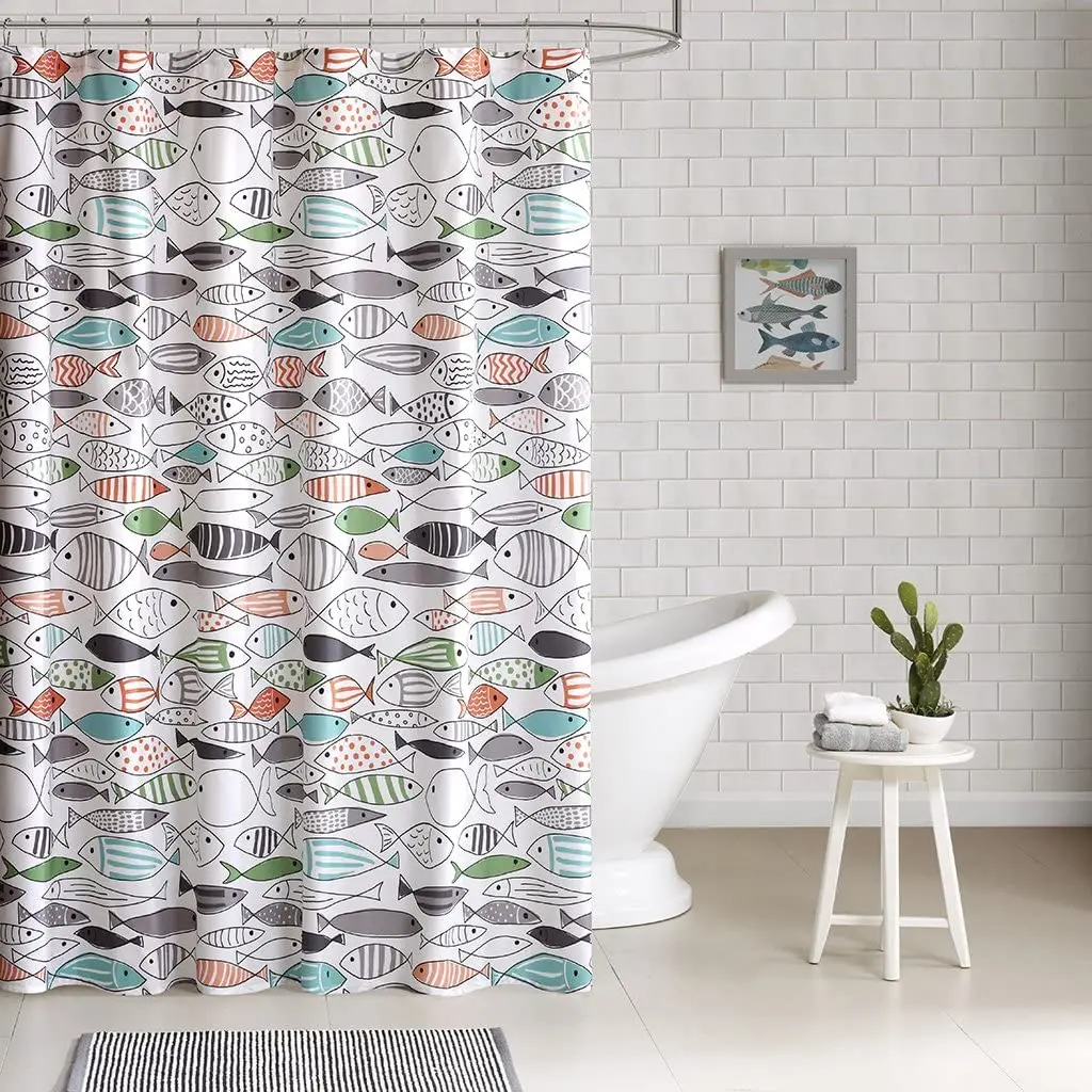 New Cute Fish Bath Curtain Waterproof Shower Curtains Polyester Fish Geometric Pattern Bath Screen Curtain for Bathroom180x180cm