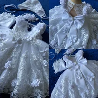 Lindo vestido de bautizo de encaje con traje de capó para niñas vestido blanco de fiesta de cumpleaños vestido de boda de flores 3D para niñas