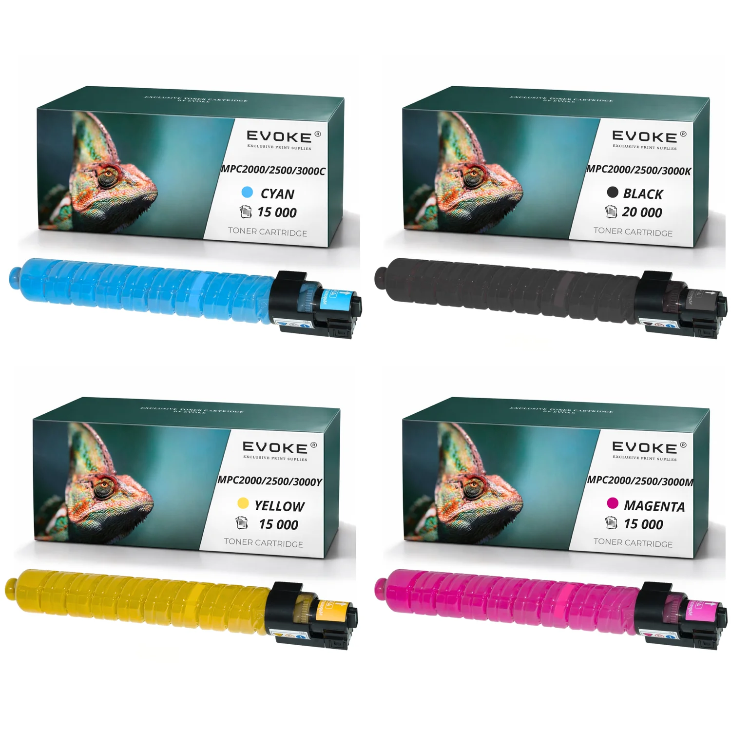 Evoke Compatibele Toner voor Ricoh Mpc-2000 Mpc-2500 4X Cmyk: Zwart, Cyaan, Magenta, Geel 65000 Pagina's Aficio Mp C2000 C2500 C3000