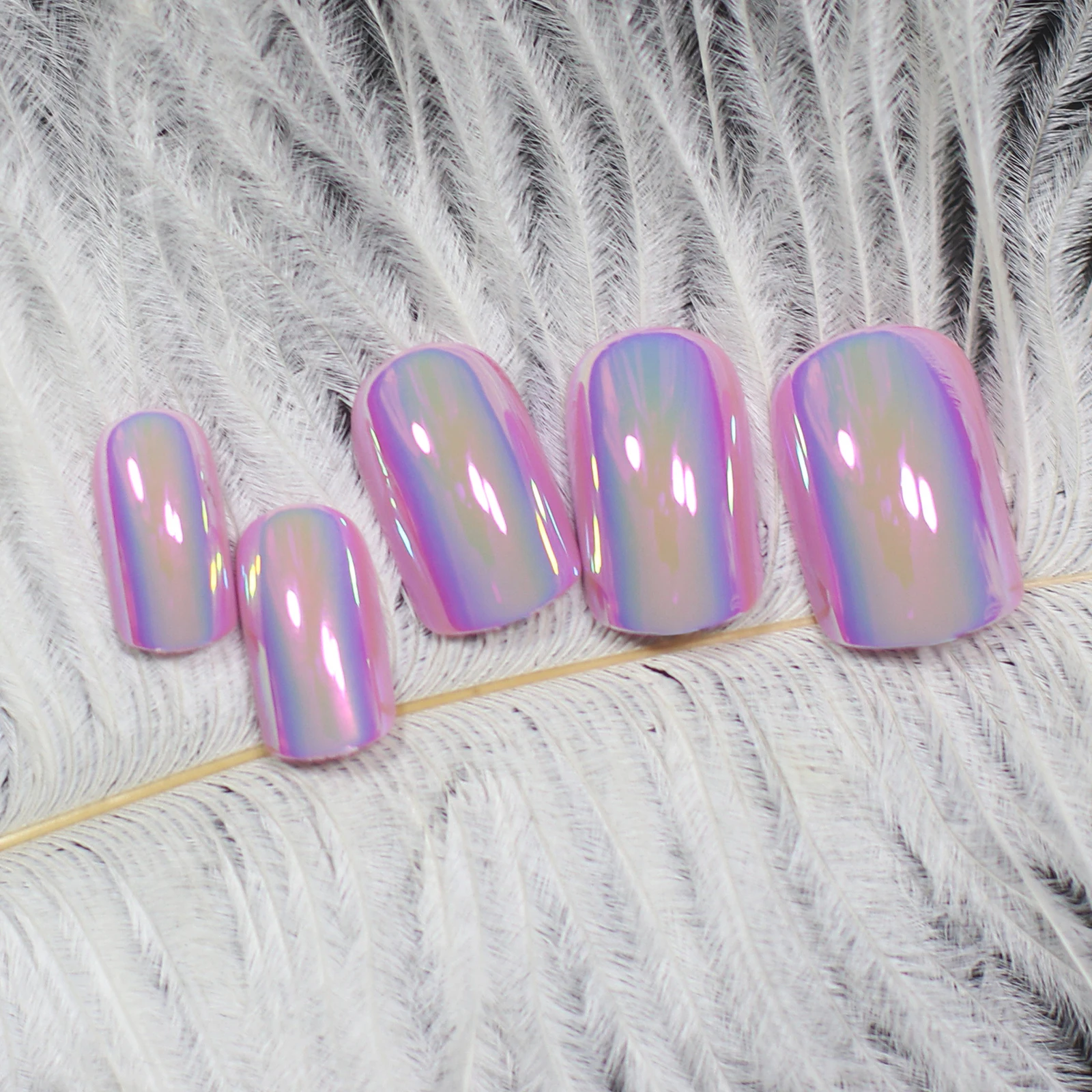 Fantasy Fingernails Short Round Press On Nails Natural Shape Solid Pure Purple Chrome Nail Tips Holographic Reusable Nails