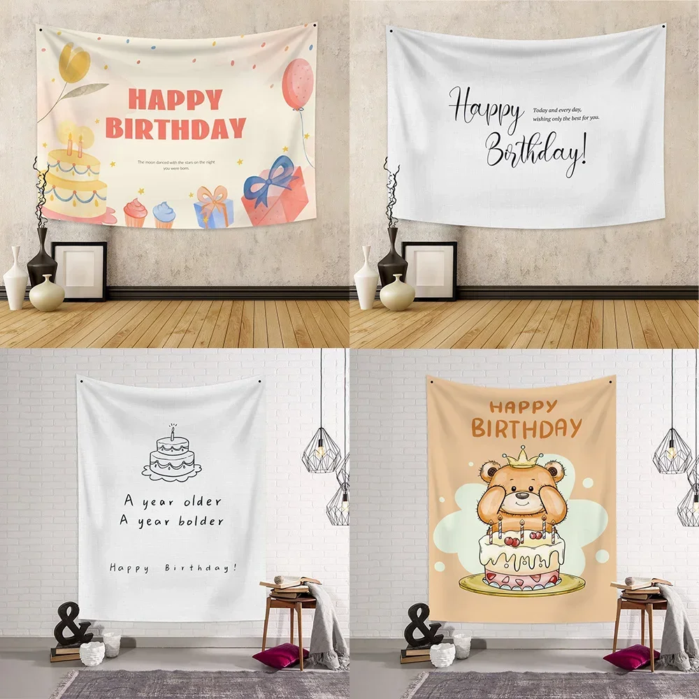 Birthday Background Tapestry Wall Hanging White Letters Cartoon Bear Tapestries Kids Room Decor Party Decoration