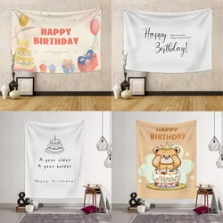 Birthday Background Tapestry Wall Hanging White Letters Cartoon Bear Tapestries Kids Room Decor Party Decoration