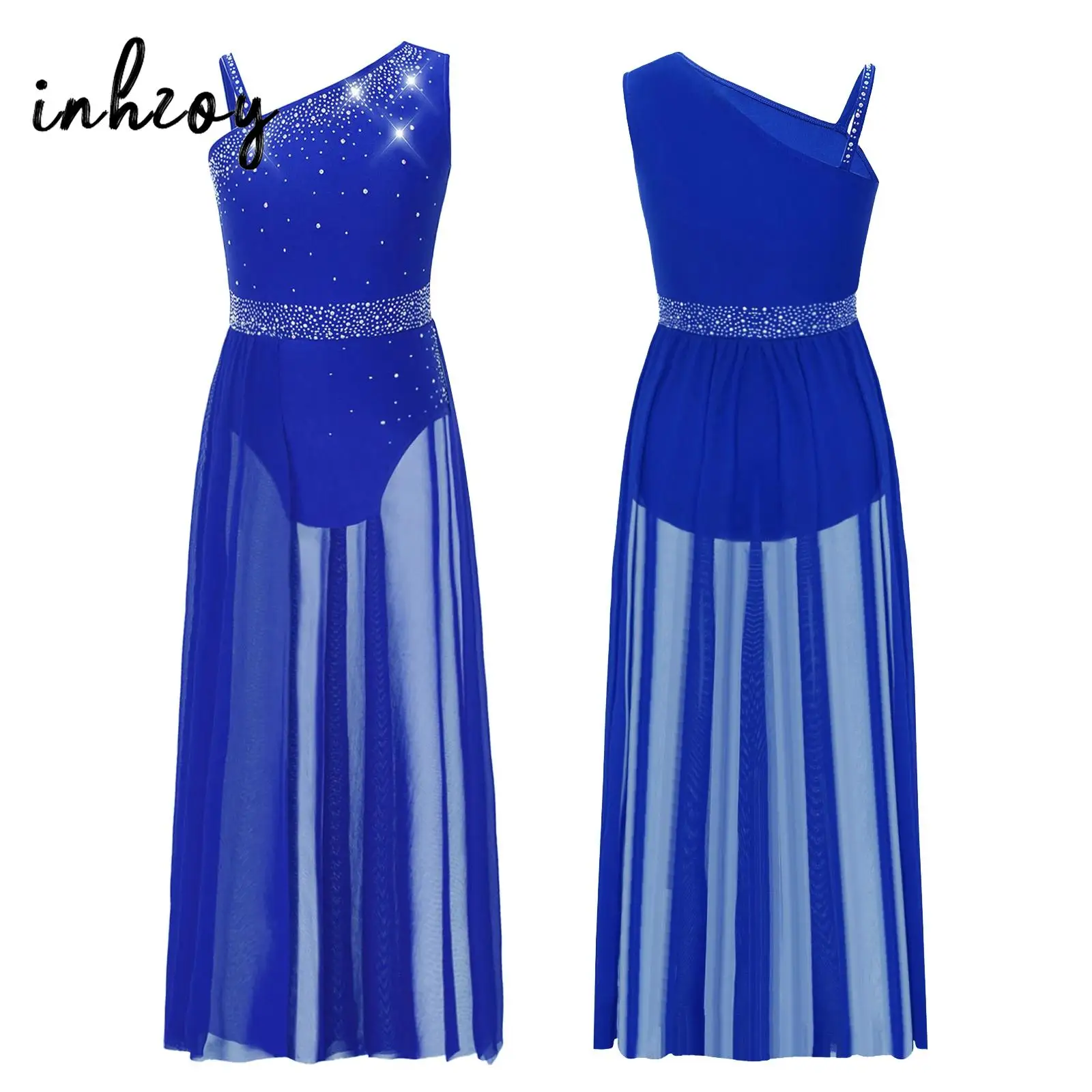 

Kids Girls Ballet Lyrical Dance Costume Oblique Shoulder Sleeveless Rhinestones Sheer Mesh Gymnastics Leotard Modern Dance Dress