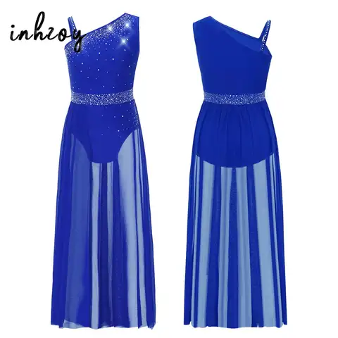 Kids Girls Ballet Lyrical Dance Costume Oblique Shoulder Sleeveless Rhinestones Sheer Mesh Gymnastics Leotard Modern Dance Dress