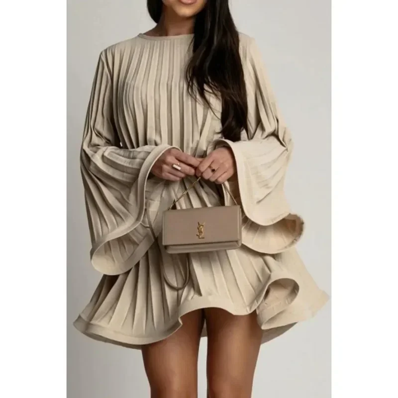 

Women's Elegant Pleated Mini Dress, Round Neck, Flared Sleeve, Lace-Up, Monochromatic, Spring, Summer, New, Fashion
